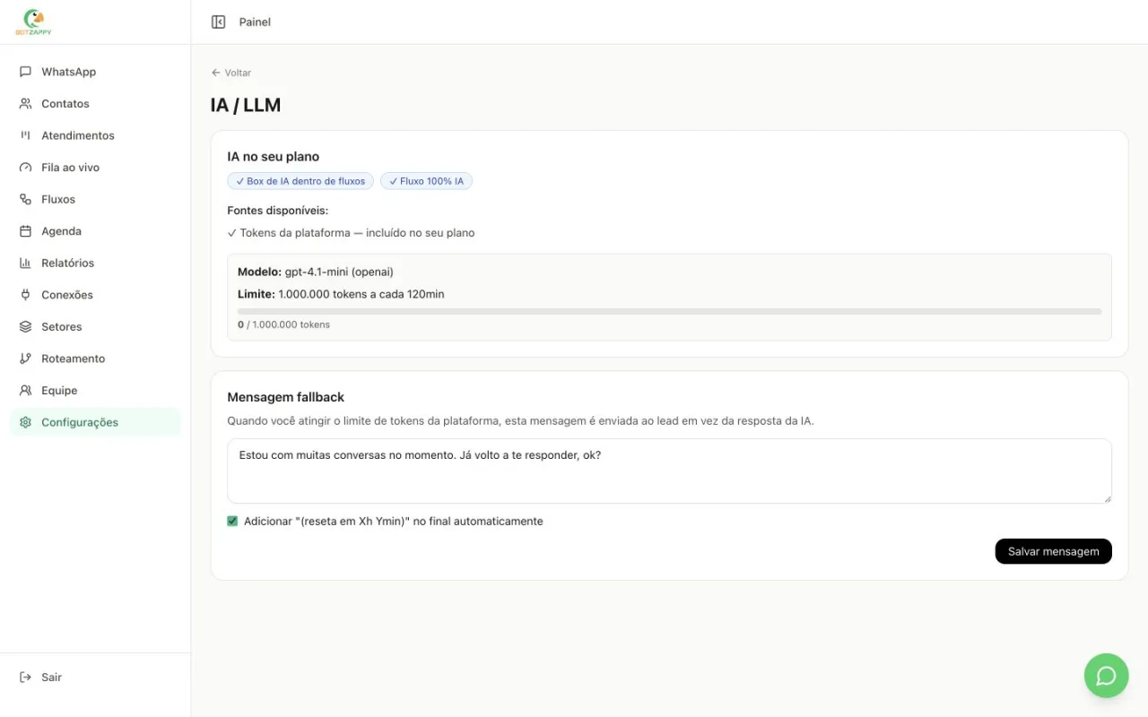 Tela real de configuração da inteligência artificial da BotZappy